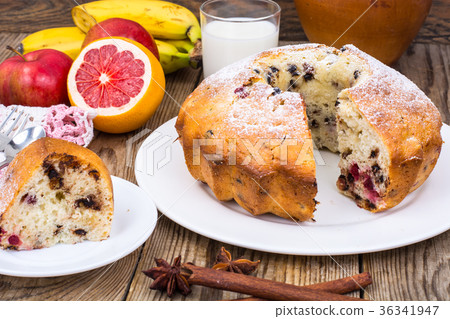Homemade cake, fruit and glass of fresh milk Homemade cake, fruit and glass of fresh milk 36341947