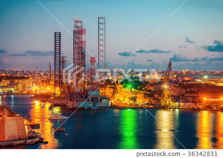 panoramic aerial view to Grand Harbor in night panoramic aerial view to Grand Harbor in night 36342831