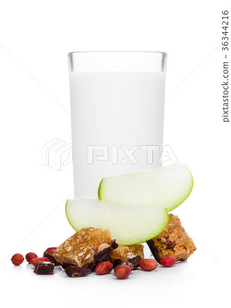 Cereal bar bits apple chocolate and glass of milk Cereal bar bits apple chocolate and glass of milk 36344216