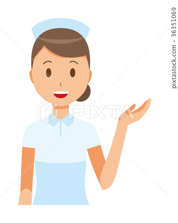 A female nurse in a nurse cap and white coat is guiding 36351069