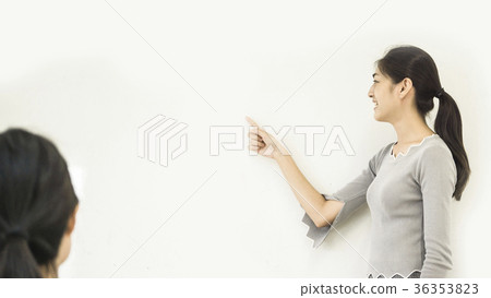 asian girl points hand on the whiteboard wall 36353823