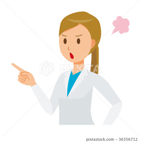 A female doctor in a white coat is angry pointing at a finger 36356712