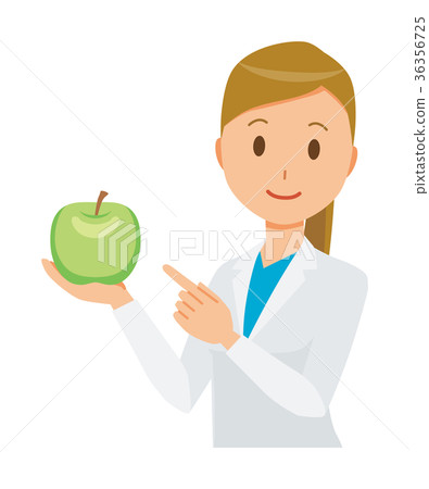 白色的一位女性醫生拿著一個綠色蘋果 36356725