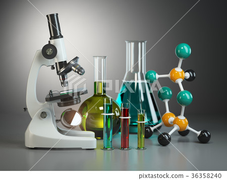 Microscope with flasks and model of molecule. Microscope with flasks and model of molecule. 36358240