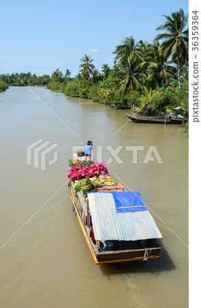 Wooden boat carrying flowers in Vietnam Wooden boat carrying flowers in Vietnam 36359364