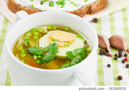 Hot soup with boiled egg 36360658