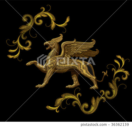 Golden textured embroidery griffin textile patch 36362139