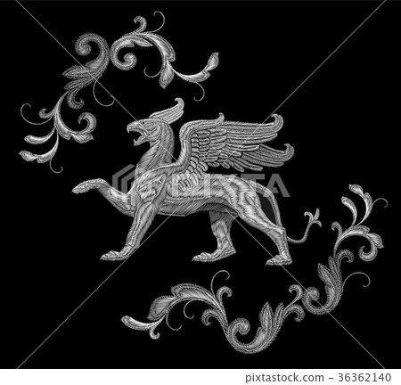 White textured embroidery griffin textile patch 36362140