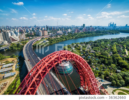 Aerial view of Moscow with cable-stayed bridge 36362660