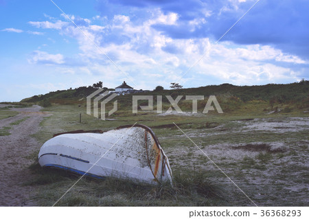 upturned fishing boat on heath near shore upturned fishing boat on heath near shore 36368293