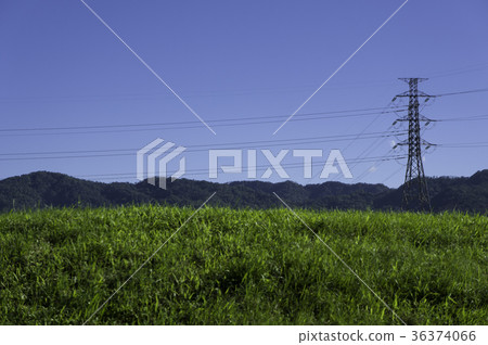 高壓電塔　綠色草地　群山 36374066
