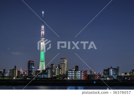 Lighted up Tokyo Sky Tree from Arakawa Riverbed Lighted up Tokyo Sky Tree from Arakawa Riverbed 36376057
