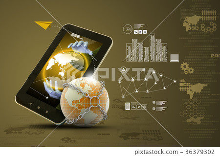 Earth globe close in chain with tablet Earth globe close in chain with tablet 36379302