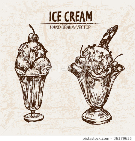 Digital vector detailed line art sundae ice cream Digital vector detailed line art sundae ice cream 36379635