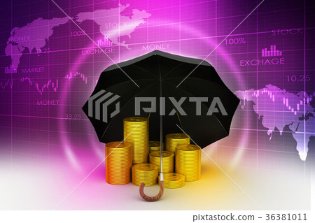 Gold coins under a black umbrella Gold coins under a black umbrella 36381011