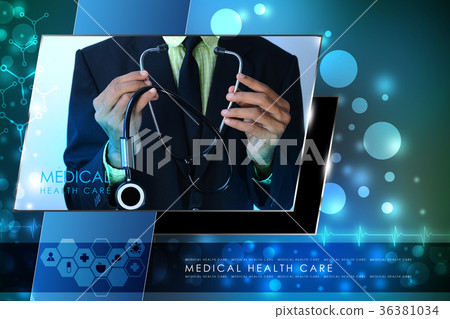 Young doctor showing stethoscope Young doctor showing stethoscope 36381034