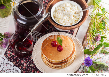 pancakes with cherry flowers still life summer 36381967