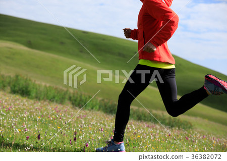 woman runner running on grassland mountain top woman runner running on grassland mountain top 36382072