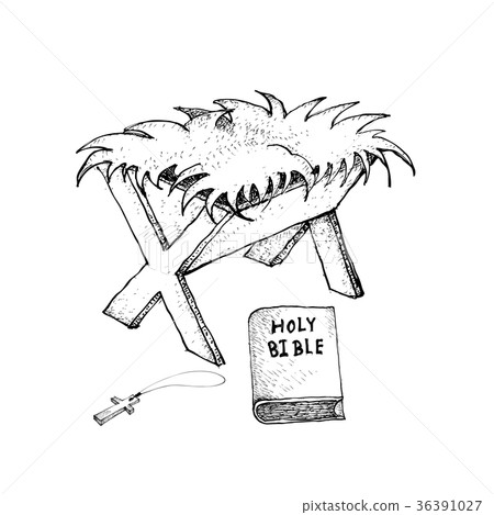 Hand Drawn of Manger with Bible and Wooden Cross 36391027