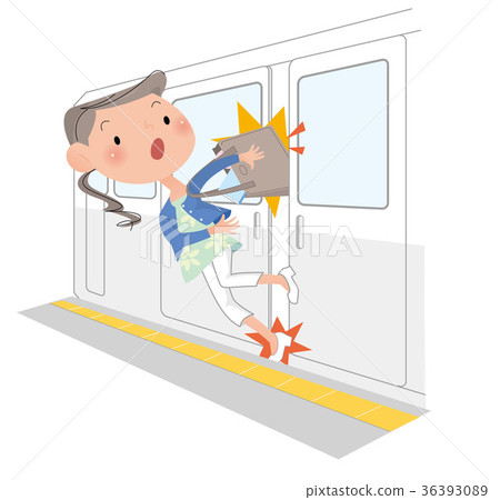 A woman who has caught a bag at the train door. 36393089