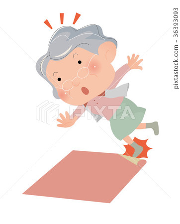 Dangerous. An elderly woman who trips to the edge of the carpet and is about to fall. 36393093