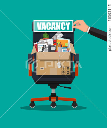 Office chair, sign vacancy, box with office goods Office chair, sign vacancy, box with office goods 36393145
