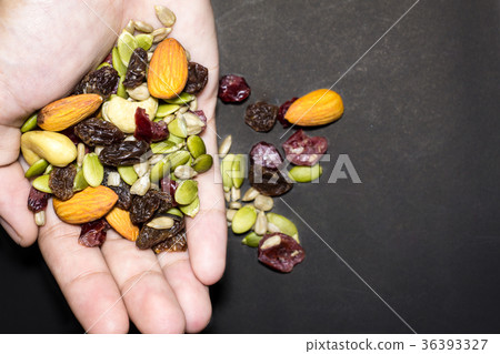 Trail mix on the hand. Trail mix on the hand. 36393327