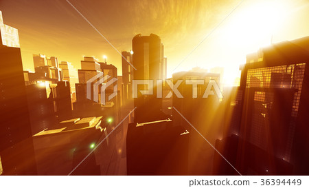 Megapolis in the Sunset Sunrise Lightrays 36394449