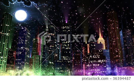 Modern City Lit by Colorful Light Effects at Night 36394487