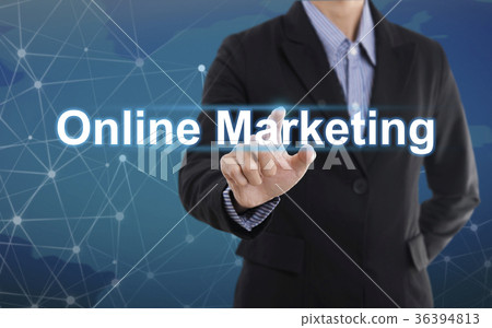 Businessman hand pressing button online marketing. Businessman hand pressing button online marketing. 36394813