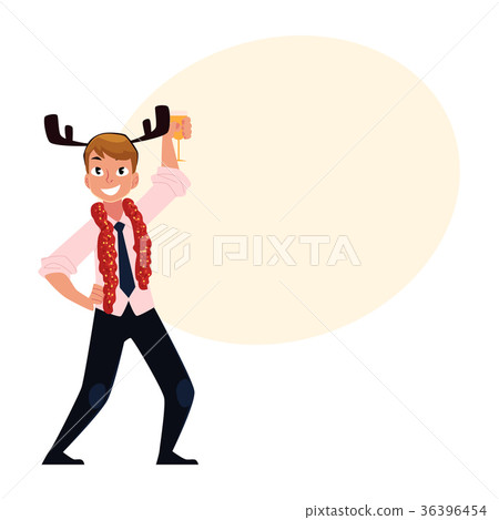 Man in reindeer horns having fun at corporate Man in reindeer horns having fun at corporate 36396454