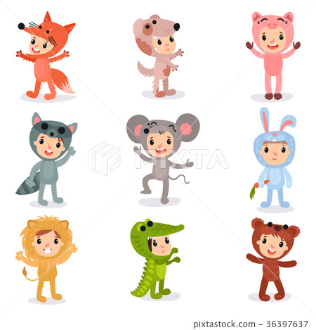 Set of cartoon little kids characters in animal Set of cartoon little kids characters in animal 36397637