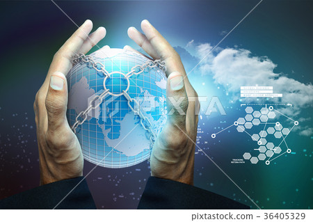Smart hand showing Earth globe close in chain 36405329