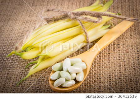Seeds and stack of yellow beans on jute canvas Seeds and stack of yellow beans on jute canvas 36412539