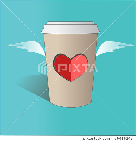 Illustration of flying paper coffee cup with heart Illustration of flying paper coffee cup with heart 36416242