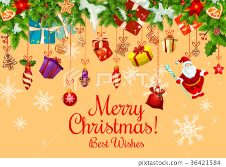 Christmas card with Xmas gift and New Year garland - Stock Illustration ...