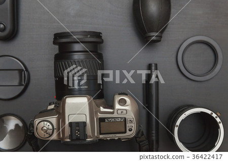 top view of work space photographer on black table top view of work space photographer on black table 36422417