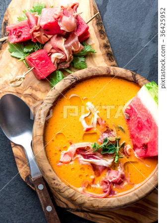 Salmorejo soup with watermelon. Traditional 36425952