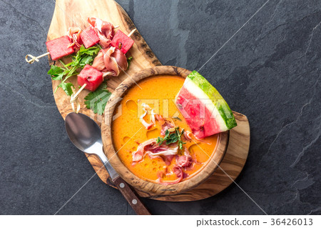 Salmorejo soup with watermelon. Traditional 36426013
