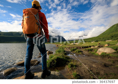 young backpacking woman hiking in mountains young backpacking woman hiking in mountains 36437697