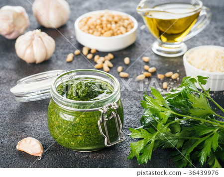 Homemade parsley pesto sauce ingredients 36439976