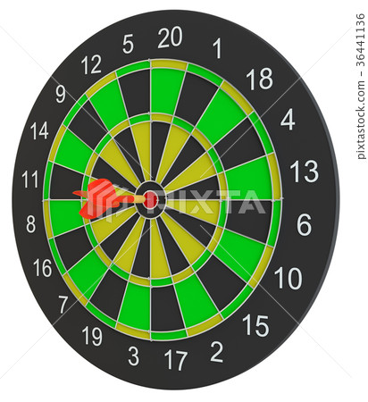 Dartboard with dart arrow hitting the center Dartboard with dart arrow hitting the center 36441136