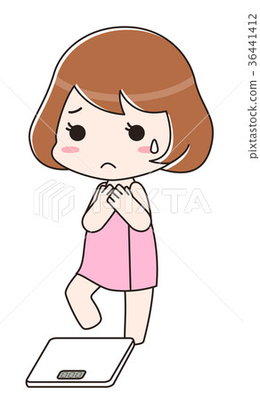 A woman trying to get on a bathroom scale 36441412