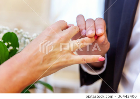 the groom wears a ring on the bride's 36442400