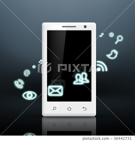 Multimedia icons around the white smartphone 36442731