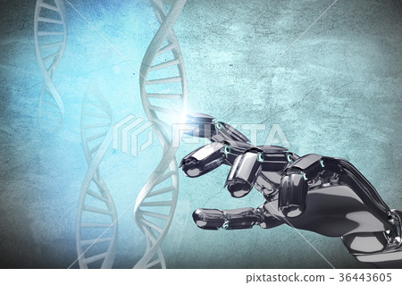 Metallic robotic hand touches dna chain. Metallic robotic hand touches dna chain. 36443605
