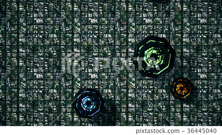 Satellite View of UFO Invasion over Suburban Area 36445040