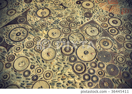Pattern from pebbles, brick and rusty metal detail Pattern from pebbles, brick and rusty metal detail 36445411