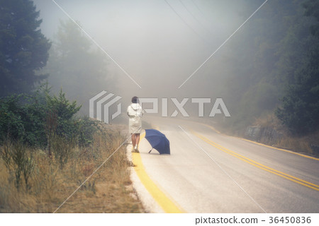 female in a raincoat and umbrella on the road female in a raincoat and umbrella on the road 36450836