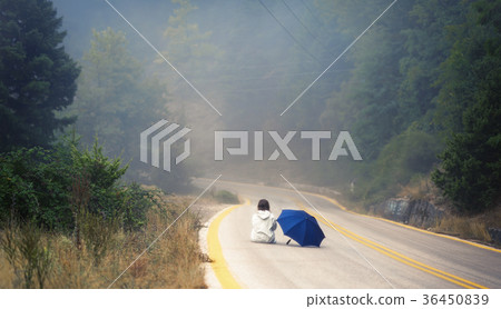 female in a raincoat and umbrella on the road female in a raincoat and umbrella on the road 36450839